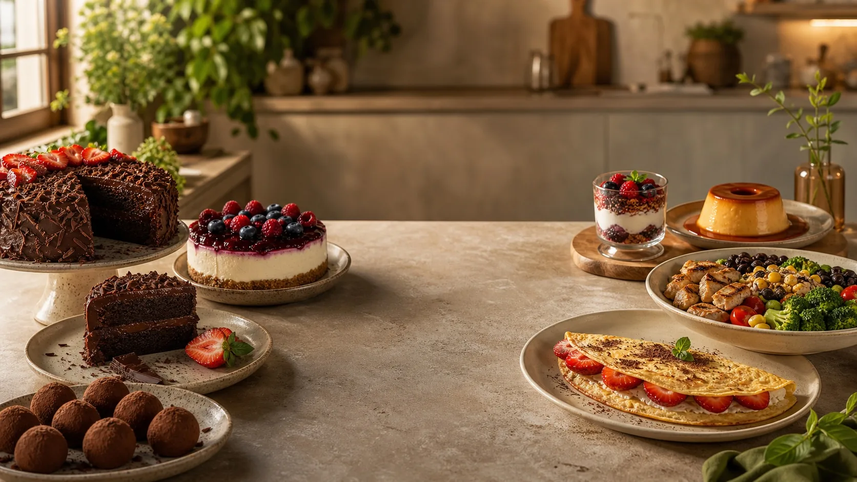 Mesa com bolo de chocolate, cheesecake de frutas vermelhas, brigadeiros, pudim e outras sobremesas